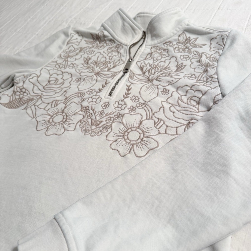 Soft Surroundings Women's Quarter Zip Pullover SMALL‎ Floral Embroidery Ivory - Picture 3 of 10